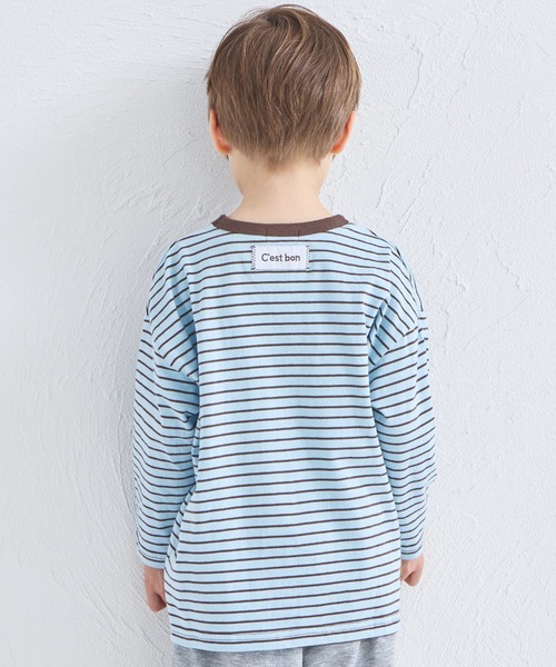 pairmanon(ペアマノン)の「【綿100%】ユニセックス ネームタグ付き カラーボーダー ロンT(Tシャツ/カットソー・キッズ・ブルー/オレンジ/ピンク/グリーン・100/110/120/130/140/150/90)」の3枚目の写真