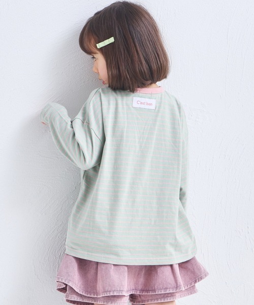 pairmanon(ペアマノン)の「【綿100%】ユニセックス ネームタグ付き カラーボーダー ロンT(Tシャツ/カットソー・キッズ・ブルー/オレンジ/ピンク/グリーン・100/110/120/130/140/150/90)」の2枚目の写真