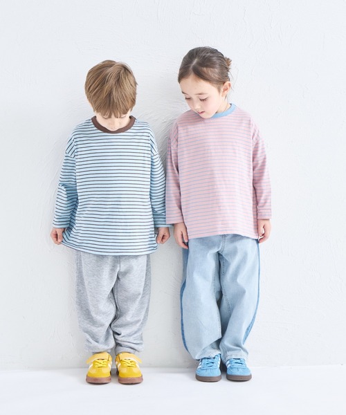 pairmanon(ペアマノン)の「【綿100%】ユニセックス ネームタグ付き カラーボーダー ロンT(Tシャツ/カットソー・キッズ・ブルー/オレンジ/ピンク/グリーン・100/110/120/130/140/150/90)」の12枚目の写真