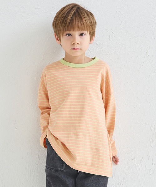 pairmanon(ペアマノン)の「【綿100%】ユニセックス ネームタグ付き カラーボーダー ロンT(Tシャツ/カットソー・キッズ・ブルー/オレンジ/ピンク/グリーン・100/110/120/130/140/150/90)」の14枚目の写真