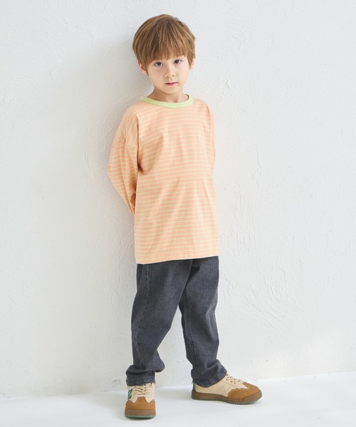 pairmanon(ペアマノン)の「【綿100%】ユニセックス ネームタグ付き カラーボーダー ロンT(Tシャツ/カットソー・キッズ・ブルー/オレンジ/ピンク/グリーン・100/110/120/130/140/150/90)」の16枚目の写真