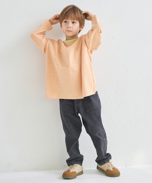 pairmanon(ペアマノン)の「【綿100%】ユニセックス ネームタグ付き カラーボーダー ロンT(Tシャツ/カットソー・キッズ・ブルー/オレンジ/ピンク/グリーン・100/110/120/130/140/150/90)」の17枚目の写真