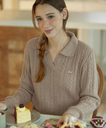 Fox Blend Cable Open Collar Knit - Beige