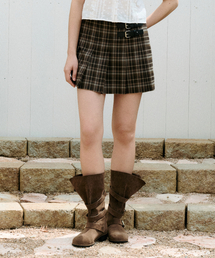 BUCKLE CHECK PLEATS MINI SKIRT BROWN