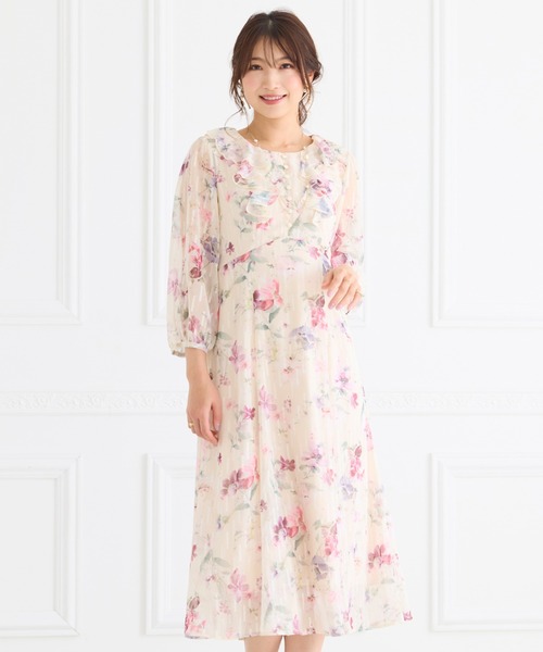 ROSE TIARA ラメストライプフラワープリントワンピース 大きいサイズ セール】ラメストライプフラワープリントワンピース（ワンピース