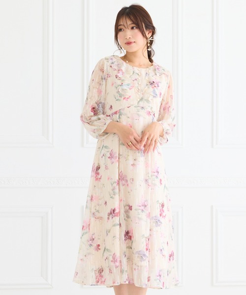 ROSE TIARA ラメストライプフラワープリントワンピース 大きいサイズ セール】ラメストライプフラワープリントワンピース（ワンピース