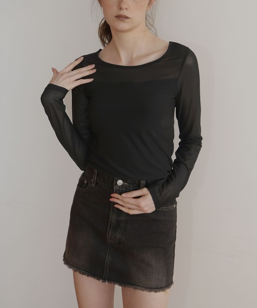 Mili affinity(ミリアフィニティー)の「カップ付きシアーTシャツ(Tシャツ/カットソー・レディース・ブラック/オフホワイト・FREE)」の3枚目の写真
