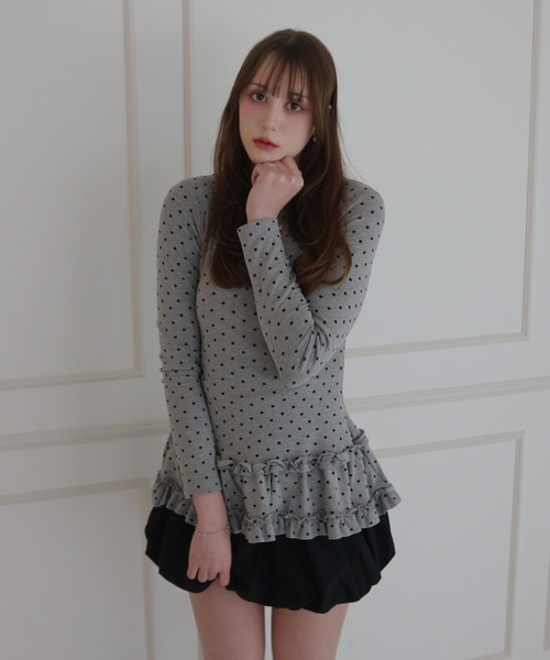 JilLA(ジルア)の「Retro Tiered Dot Long T-Shirt / レトロティアードドットロングTシャツ(Tシャツ/カットソー・レディース・アイボリー/グレー・FREE)」の10枚目の写真