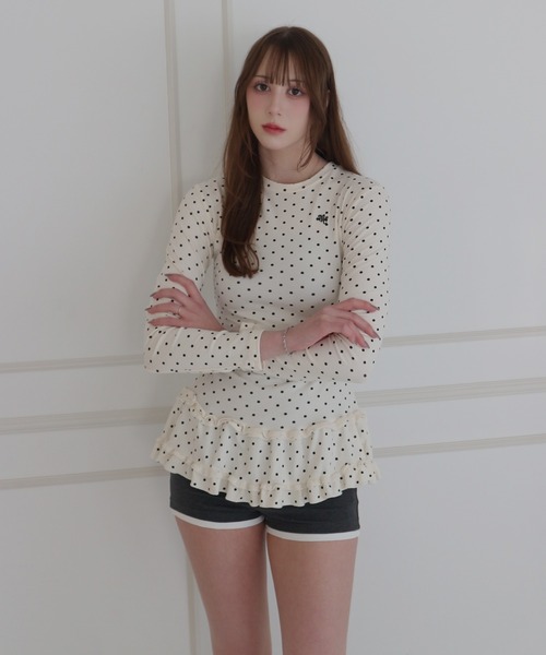 JilLA(ジルア)の「Retro Tiered Dot Long T-Shirt / レトロティアードドットロングTシャツ(Tシャツ/カットソー・レディース・アイボリー/グレー・FREE)」の5枚目の写真