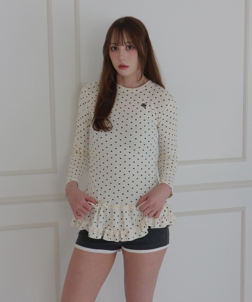 JilLA(ジルア)の「Retro Tiered Dot Long T-Shirt / レトロティアードドットロングTシャツ(Tシャツ/カットソー・レディース・アイボリー/グレー・FREE)」の3枚目の写真