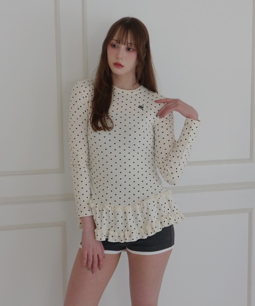 JilLA(ジルア)の「Retro Tiered Dot Long T-Shirt / レトロティアードドットロングTシャツ(Tシャツ/カットソー・レディース・アイボリー/グレー・FREE)」の4枚目の写真