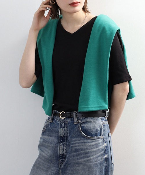 FUNALIVE(ファンアライブ)の「Vネック 5分袖 コットンリブTシャツ(Tシャツ/カットソー・レディース・ベージュ/ブラック/オフホワイト・LL/L/M/3L)」の1枚目の写真
