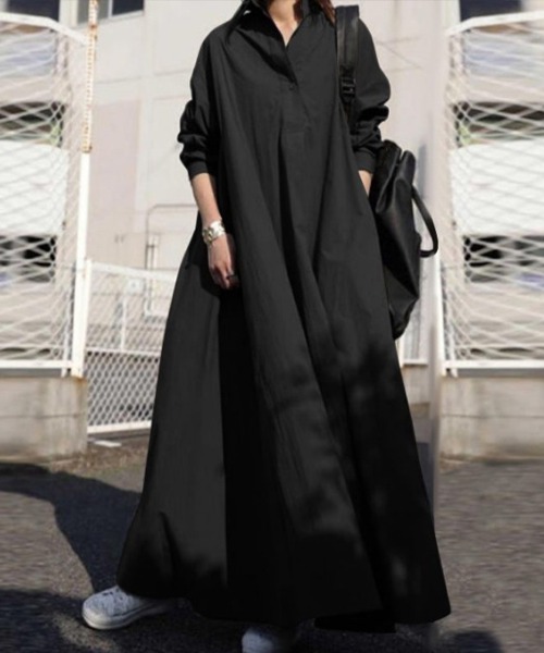SallyLunn(サリーラン)の「シャツロングワンピース(シャツワンピース・レディース・ブラック/カーキ・LARGE/MEDIUM)」の1枚目の写真