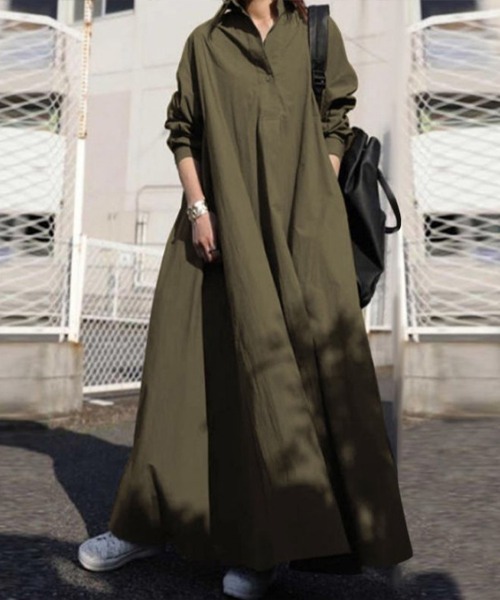 SallyLunn(サリーラン)の「シャツロングワンピース(シャツワンピース・レディース・ブラック/カーキ・LARGE/MEDIUM)」の4枚目の写真