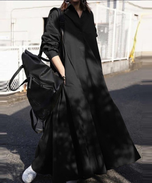 SallyLunn(サリーラン)の「シャツロングワンピース(シャツワンピース・レディース・ブラック/カーキ・LARGE/MEDIUM)」の7枚目の写真