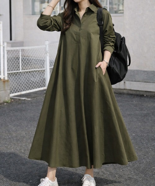 SallyLunn(サリーラン)の「シャツロングワンピース(シャツワンピース・レディース・ブラック/カーキ・LARGE/MEDIUM)」の5枚目の写真
