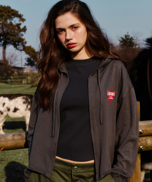 Hooded Knit Zip-Up Charcoal — вязаная толстовка на молнии с капюшоном, угольно-серая