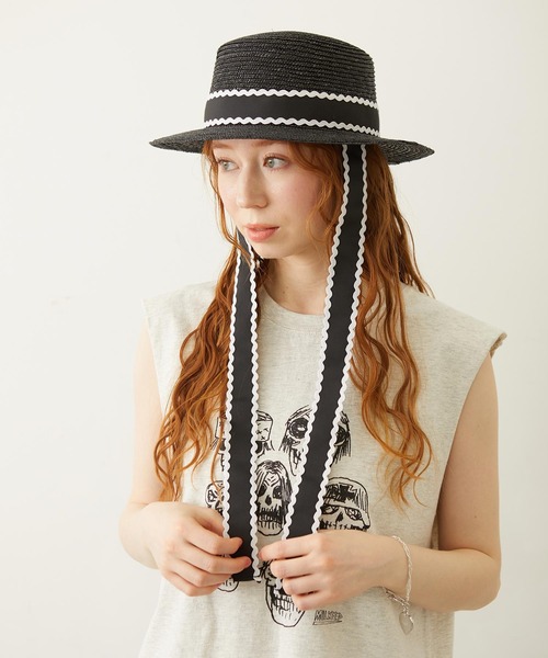 MILKFED.（ミルクフェド）の「TRIMMED RIBBON BOATER HAT（ハット・レディース・ブラウン/オフホワイト/ブラック・ONE SIZE）」の2枚目の写真
