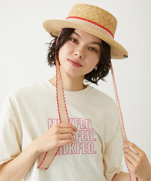 MILKFED.（ミルクフェド）の「TRIMMED RIBBON BOATER HAT（ハット・レディース・ブラウン/オフホワイト/ブラック・ONE SIZE）」の14枚目の写真