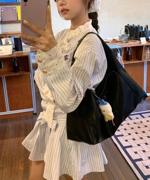 WEGO（ウィゴー）の「ドット柄ボウタイストライプシャツワンピース（シャツワンピース・レディース・サックスブルー・MEDIUM/LARGE）」の6枚目の写真