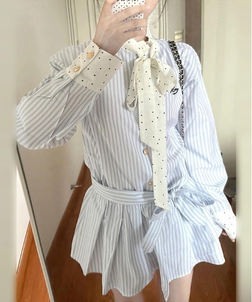 WEGO（ウィゴー）の「ドット柄ボウタイストライプシャツワンピース（シャツワンピース・レディース・サックスブルー・MEDIUM/LARGE）」の9枚目の写真