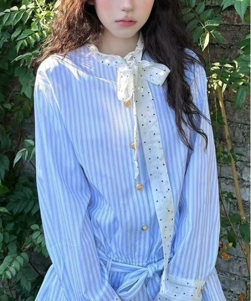 WEGO（ウィゴー）の「ドット柄ボウタイストライプシャツワンピース（シャツワンピース・レディース・サックスブルー・MEDIUM/LARGE）」の7枚目の写真