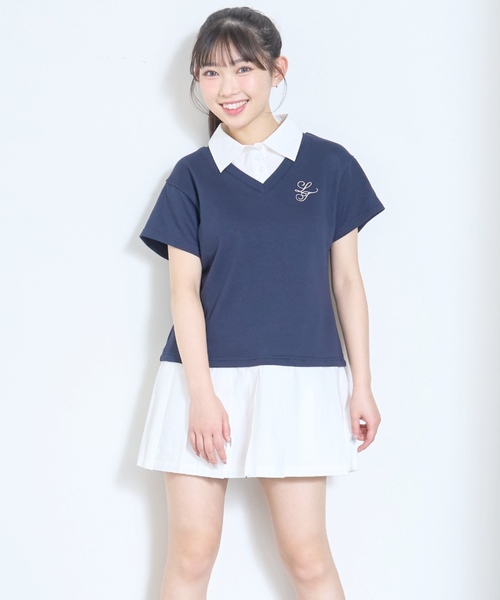 LOVETOXIC(ラブトキシック)の「レイヤード風ワンピース(ワンピース・キッズ・アイボリー/ネイビー/トップグレー・S:140cm/M:150cm/L:160cm)」の1枚目の写真