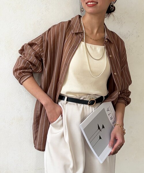 Chez toi（シェトワ）の「【程よい透け感】シアーストライプシャツ（シャツ/ブラウス・レディース・サックスブルー/ホワイト/ブラウン・FREE）」の3枚目の写真