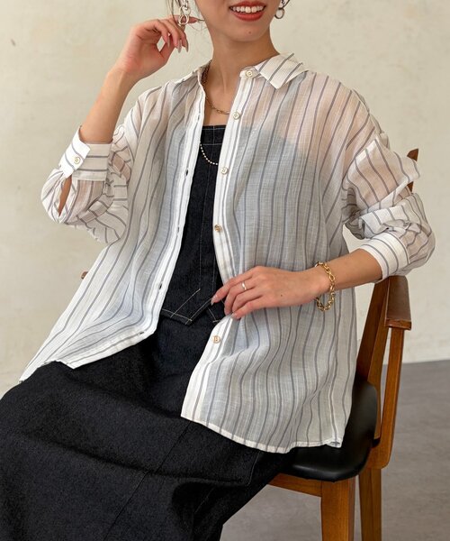 Chez toi（シェトワ）の「【程よい透け感】シアーストライプシャツ（シャツ/ブラウス・レディース・サックスブルー/ホワイト/ブラウン・FREE）」の21枚目の写真