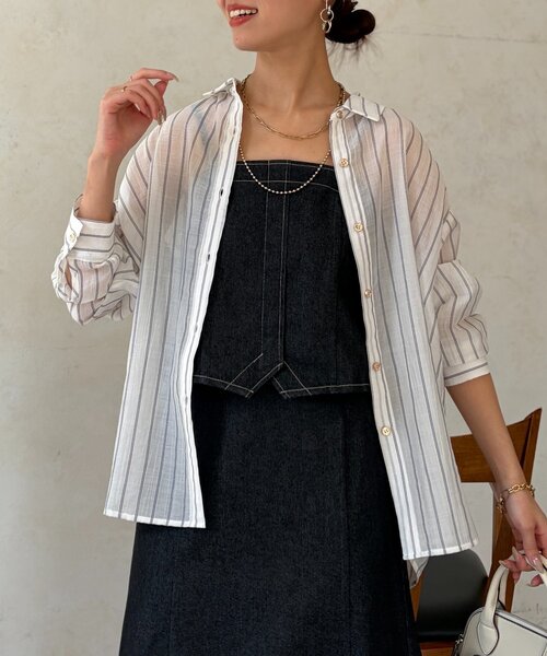 Chez toi（シェトワ）の「【程よい透け感】シアーストライプシャツ（シャツ/ブラウス・レディース・サックスブルー/ホワイト/ブラウン・FREE）」の22枚目の写真