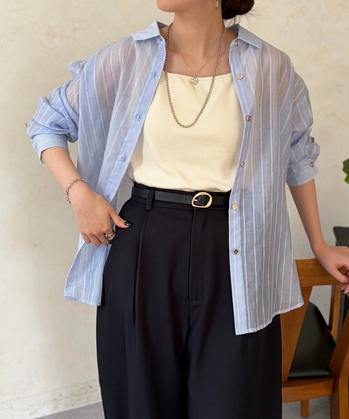 Chez toi（シェトワ）の「【程よい透け感】シアーストライプシャツ（シャツ/ブラウス・レディース・サックスブルー/ホワイト/ブラウン・FREE）」の7枚目の写真