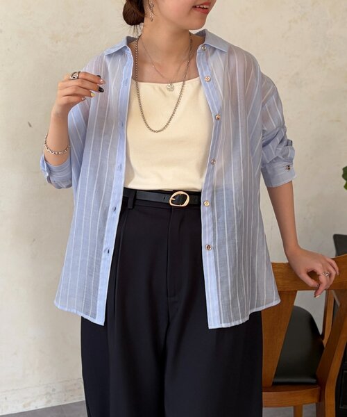 Chez toi（シェトワ）の「【程よい透け感】シアーストライプシャツ（シャツ/ブラウス・レディース・サックスブルー/ホワイト/ブラウン・FREE）」の8枚目の写真