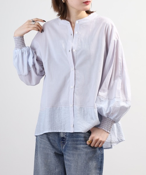 EGLANTINE(エグランティーヌ)の「EGLANTINE シャーリング切り替えフレアブラウス 長袖(シャツ/ブラウス・レディース・ブラック/サンドベージュ/オフホワイト/ローズ・40)」の3枚目の写真