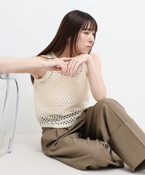 select MOCA（セレクトモカ）の「メッシュアメスリタンクトップ（タンクトップ・レディース・チャコールグレー/ブラウン/アイボリー・FREE）」の4枚目の写真