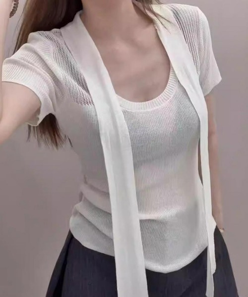 Girly Doll（ガーリードール）の「ボウタイ付き半袖ニット（ニット/セーター・レディース・ブルー/ブラック/アイボリー/ライトグレー・F）」の3枚目の写真