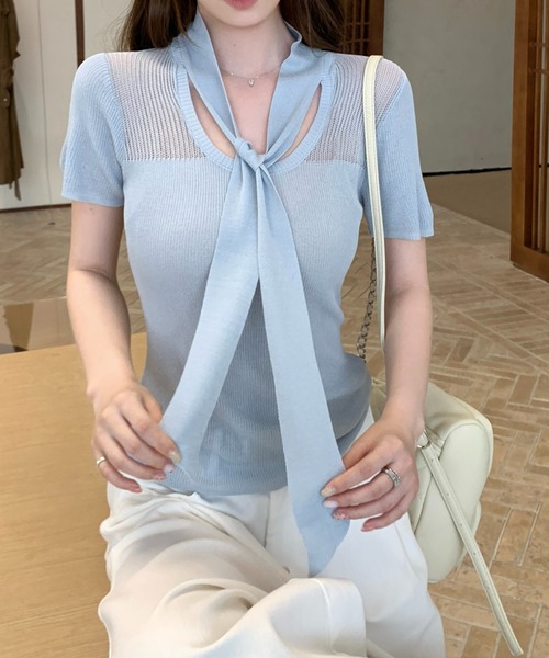 Girly Doll（ガーリードール）の「ボウタイ付き半袖ニット（ニット/セーター・レディース・ブルー/ブラック/アイボリー/ライトグレー・F）」の6枚目の写真