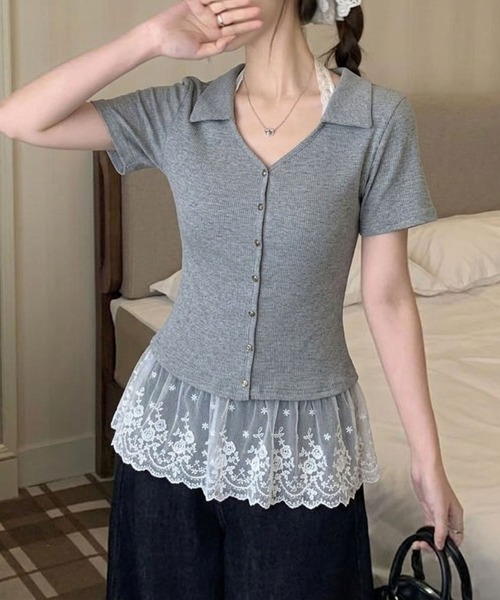 SpRay(スプレイ)の「裾レース半袖スキッパー(Tシャツ/カットソー・レディース・ブラック/グレー/ホワイト/イエロー・MEDIUM)」の16枚目の写真