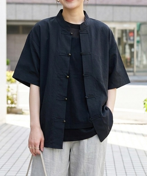 yield(イールド)の「【yield select】KUNG-FU SHIRT カンフーシャツ チャイナシャツ キレイめ 無地 半袖 シャツ(シャツ/ブラウス・メンズ・ブラック・M/L/XL/XXL/S)」の1枚目の写真