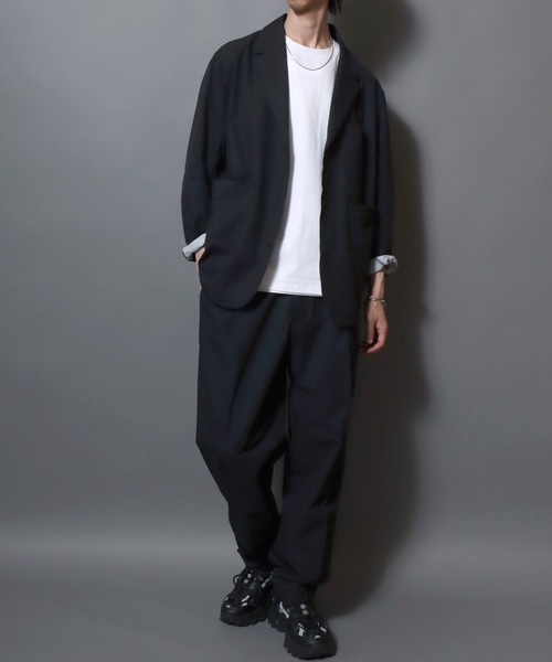 ANPAS(アンパス)の「Poly Seersucker Wide-Leg Pants / シアサッカーワイドパンツ 〈セットアップ対応〉クライミングイージーパンツ メンズ トラウザー(スラックス・メンズ・ブラック/ネイビー・LL/L/M)」の19枚目の写真