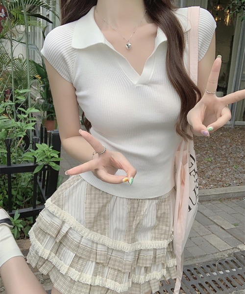 shyam inspiration（シャムインスピレーション）の「フレンチスリーブスキッパー半袖ポロニット/半袖/サマーニット/リブニット（ポロシャツ・レディース・グレー/レッド/ホワイト/イエロー/ピンク・F）」の13枚目の写真
