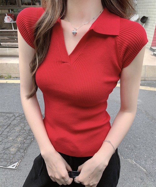 shyam inspiration（シャムインスピレーション）の「フレンチスリーブスキッパー半袖ポロニット/半袖/サマーニット/リブニット（ポロシャツ・レディース・グレー/レッド/ホワイト/イエロー/ピンク・F）」の17枚目の写真