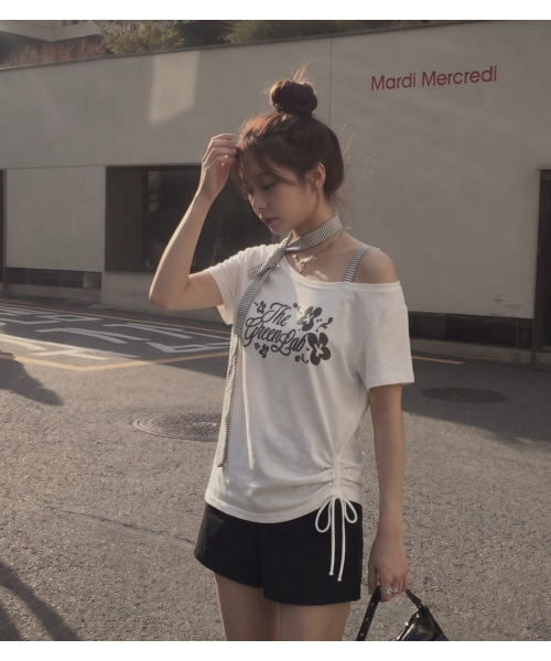 THE GREEN LAB（ザグリーンラボ）の「ストライプタイワンショルダー半袖[ホワイト]（Tシャツ/カットソー・レディース・その他・FREE）」の2枚目の写真