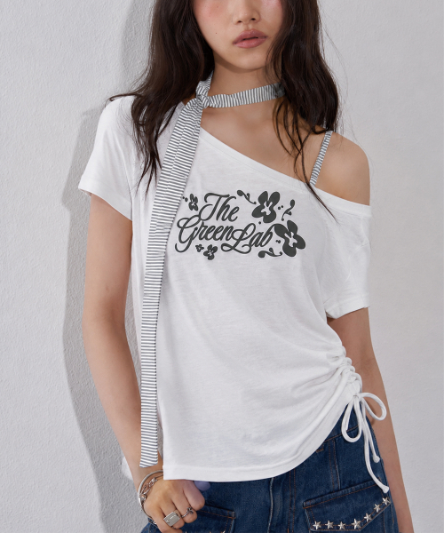 THE GREEN LAB（ザグリーンラボ）の「ストライプタイワンショルダー半袖[ホワイト]（Tシャツ/カットソー・レディース・その他・FREE）」の4枚目の写真