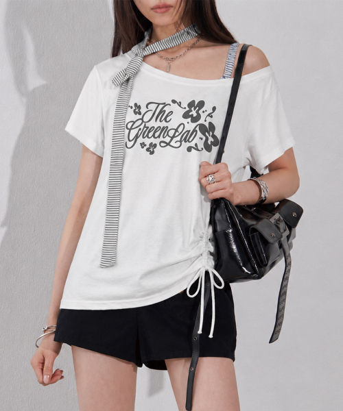 THE GREEN LAB（ザグリーンラボ）の「ストライプタイワンショルダー半袖[ホワイト]（Tシャツ/カットソー・レディース・その他・FREE）」の5枚目の写真