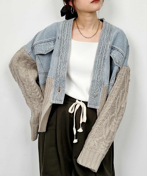 LUGIVA(ルギヴァ)の「デニム×ニットドッキングカーディガン(カーディガン/ボレロ・レディース・ブラック/ベージュ/ブルー・M)」の20枚目の写真