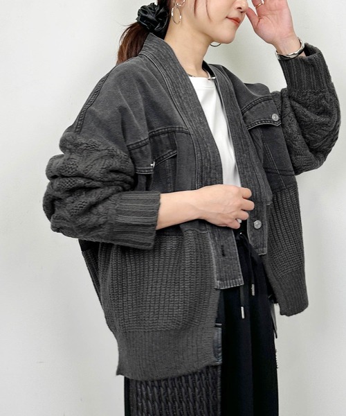 LUGIVA(ルギヴァ)の「デニム×ニットドッキングカーディガン(カーディガン/ボレロ・レディース・ブラック/ベージュ/ブルー・M)」の4枚目の写真