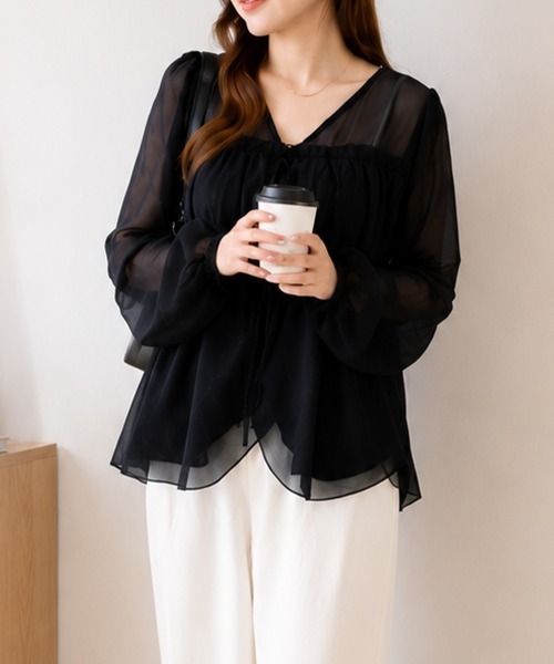 Miniministore(ミニミニストア)の「フリルシアーブラウス長袖 レディース薄手(シャツ/ブラウス・レディース・ブラウン/ブラック/ホワイト・FREE)」の3枚目の写真