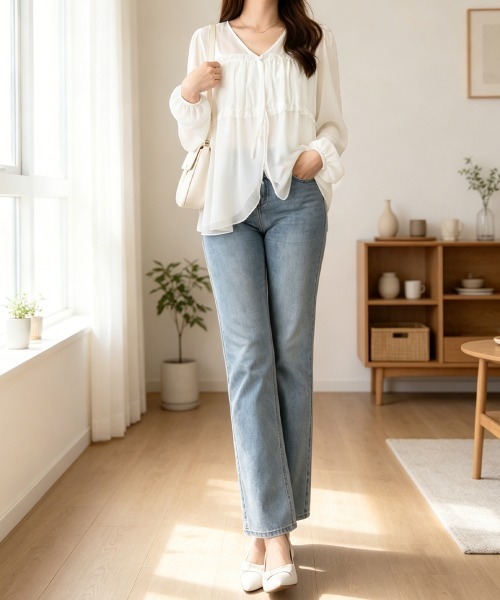 Miniministore(ミニミニストア)の「フリルシアーブラウス長袖 レディース薄手(シャツ/ブラウス・レディース・ブラウン/ブラック/ホワイト・FREE)」の16枚目の写真
