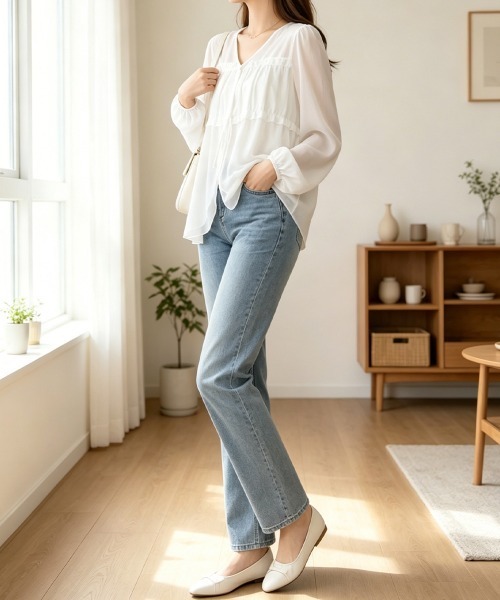 Miniministore(ミニミニストア)の「フリルシアーブラウス長袖 レディース薄手(シャツ/ブラウス・レディース・ブラウン/ブラック/ホワイト・FREE)」の15枚目の写真