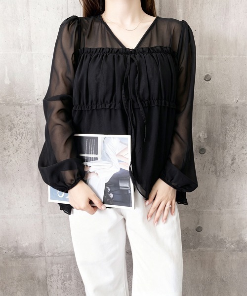 Miniministore(ミニミニストア)の「フリルシアーブラウス長袖 レディース薄手(シャツ/ブラウス・レディース・ブラウン/ブラック/ホワイト・FREE)」の12枚目の写真